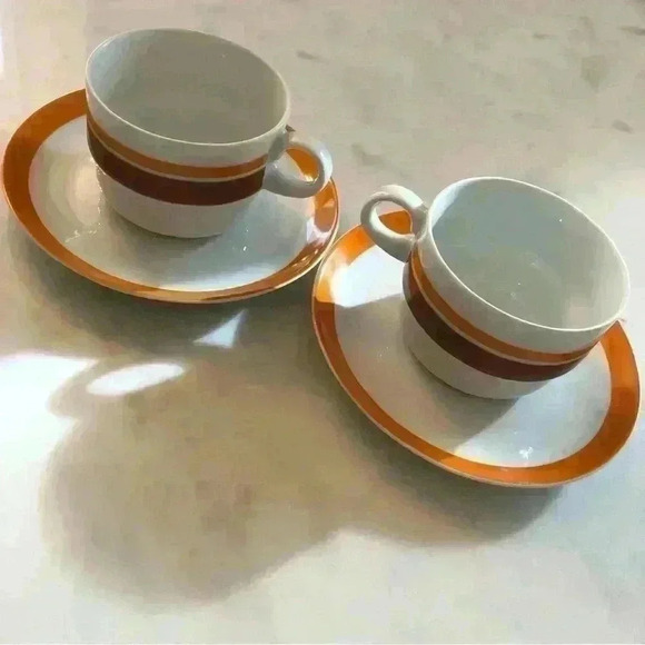 Set of two vintage Schonwald Germany orange and brown stripe  teacups w/saucers - Picture 1 of 10